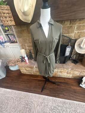 INC International Concepts Petite Olive Green Belted Utility Shirt Dress